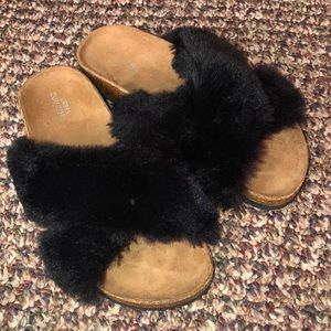 Urban Outfitters Fuzzy Black Slides